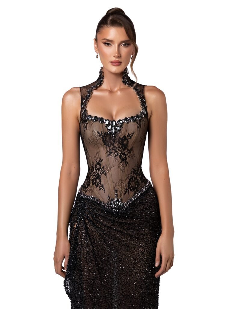 black sheer gown with floral embroidery